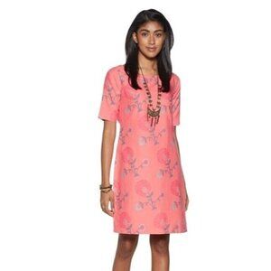 Bombay Paisley Floral Shift Dress XS Pink Coral Knee Length Linen Cotton Blend